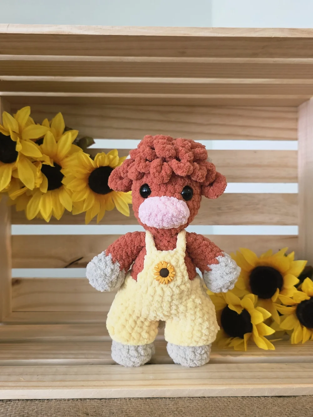 Plush Sunflower Overalls Stuffed Cow - Yellow and Rust Kids Accessory